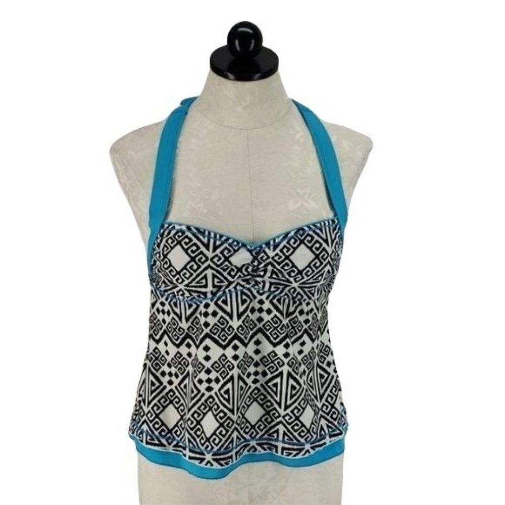 Tropical Escape Women's Blue Black Halter‎ Style Tankini Swimsuit Top Size 8